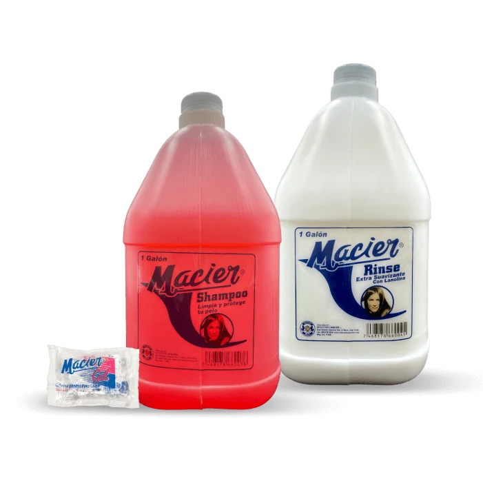 Soluciones de cuidado personal con shampoo y rinse Macier.